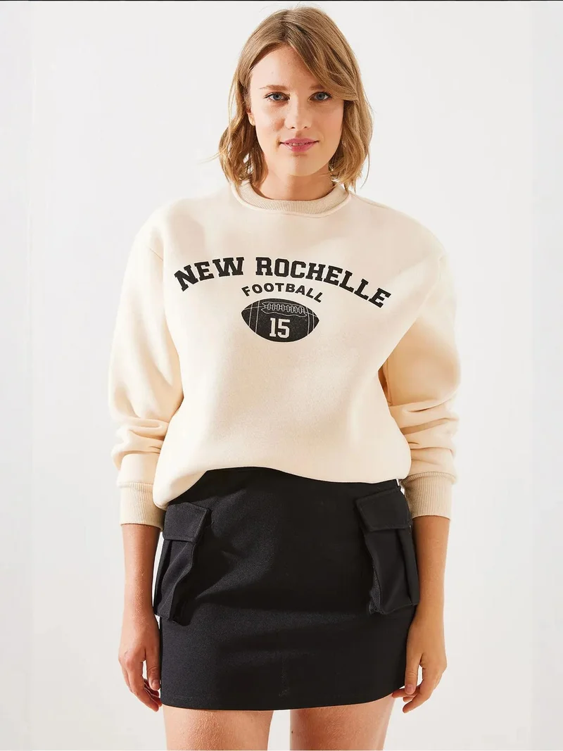 Bianco Lucci Beige Natural LUCCI Logo Print Relaxed Fit Crew Neck Sweatshirt for Women | Best Price UAE