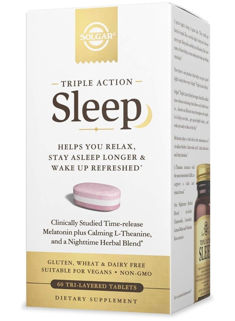 Solgar Triple Action Sleep, 60 Tri-Layer Tablets - Time-Release Melatonin And L-Theanine Plus Herbal Blend Helps You Relax, Fall Asleep Fast, Stay Asleep Longer - Non-GMO, Gluten Free - 60 Servings - Image 1