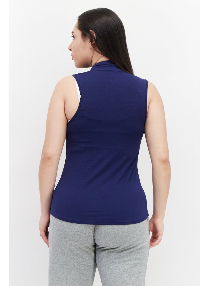 X by Gottex Women Split Neck Sleeveless Plain Tank Top, Navy  - Image 2