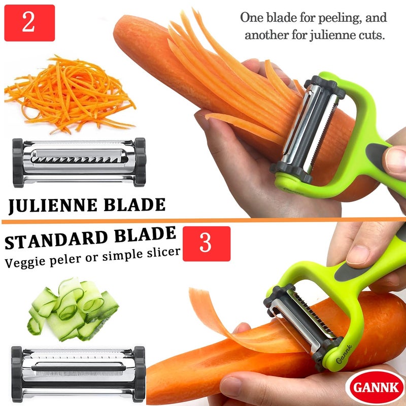 Gannk قشارات البطاطس والتفاح والخضروات GANNK للمطبخ، قشارات I و Y للفواكه والخضروات والبطاطس والجزر والخيار، تصميم شفرة 3 في 1 مع وظيفة جوليان - Image 3