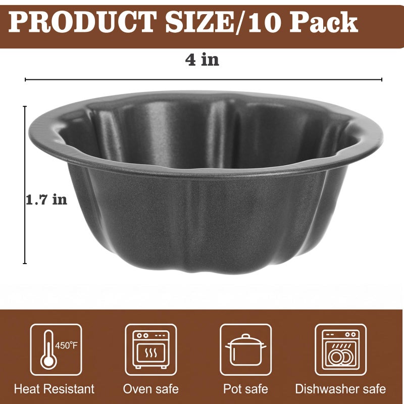 ZENFUN 10 Pcs Mini Flan Molds Pan, 4 Inches Fluted Cake Pan Nonstick, Carbon Steel Mini Flan Molds Pans, Cake Pans Reusable Tube Oven Baking Mold for Cupcake, Bread, Bavarois, Brownie - Image 2