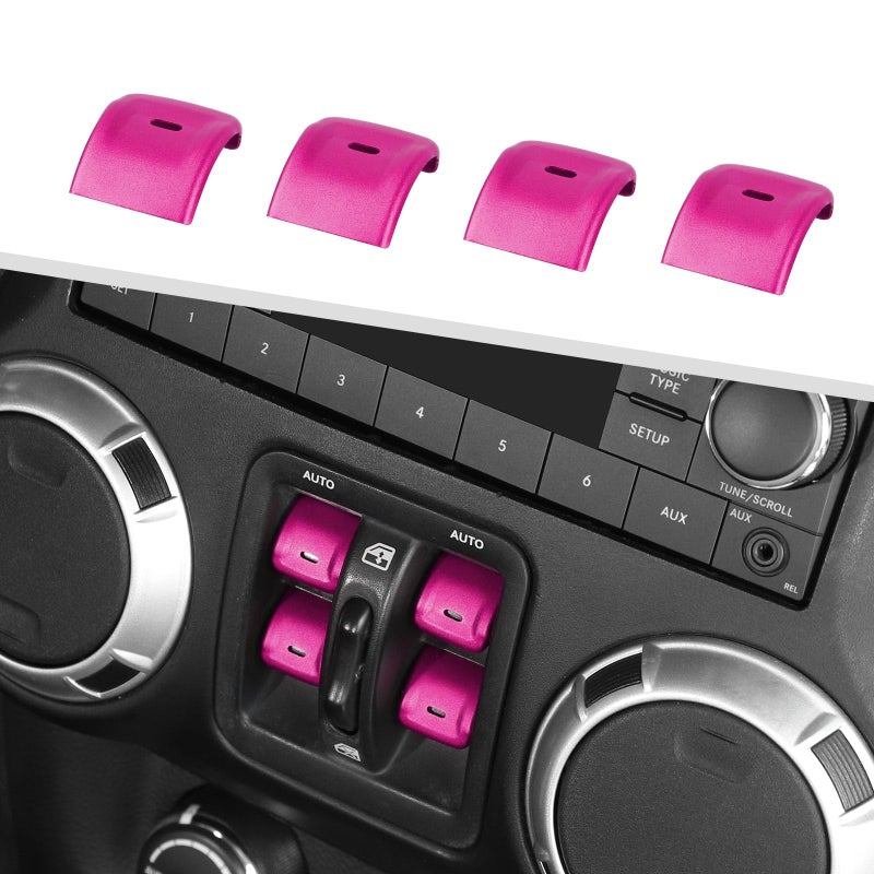 Jimen for JK Window Button Covers, 4PCS Center Console Window Switch Cover Interior Trim Kits Compatible with Jeep Wrangler JK & Unlimited 2012-2018, Aluminum Alloy (Pink) - Image 1