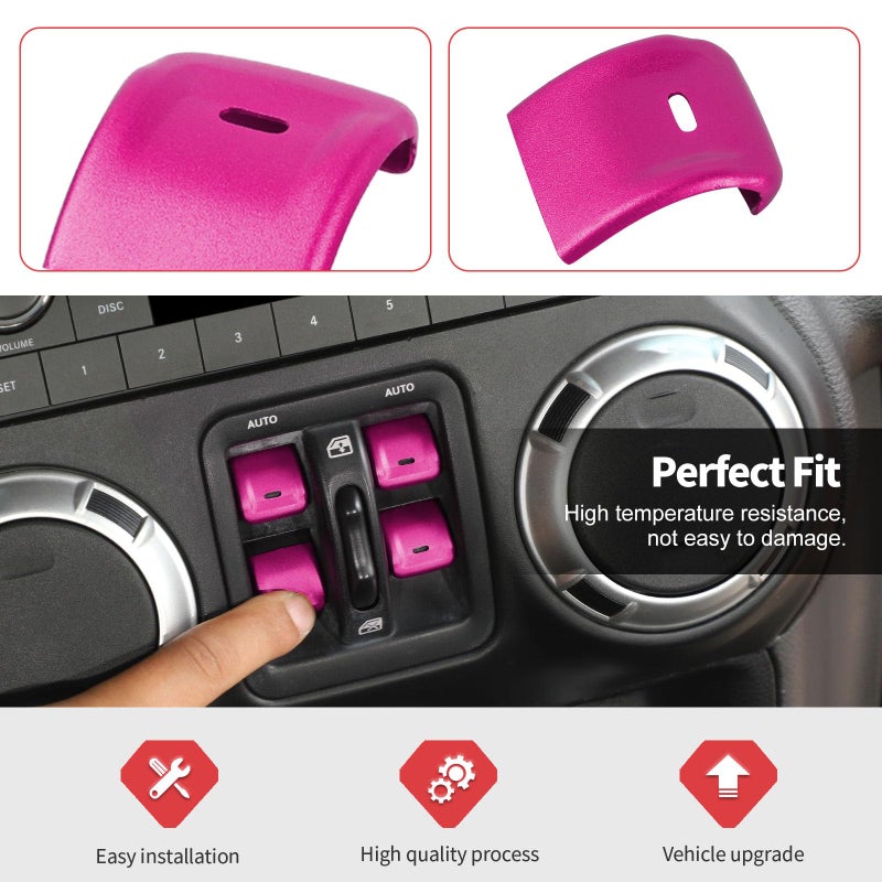 Jimen for JK Window Button Covers, 4PCS Center Console Window Switch Cover Interior Trim Kits Compatible with Jeep Wrangler JK & Unlimited 2012-2018, Aluminum Alloy (Pink) - Image 4