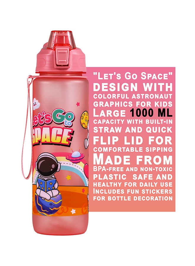 Toshionics Large 1000 ML Kids Water Bottle with Straw and Flip Lid – Handle and Strap - Leakproof BPA-Free Plastic, Space-Themed Astronaut Design, Includes Sticker Sheet, Non-Toxic Material, Wide Mouth, Lightweight and Durable, Suitable for School, Travel, and Outdoor Use – Reusable Bottle for Everyone Everywhere - Image 2