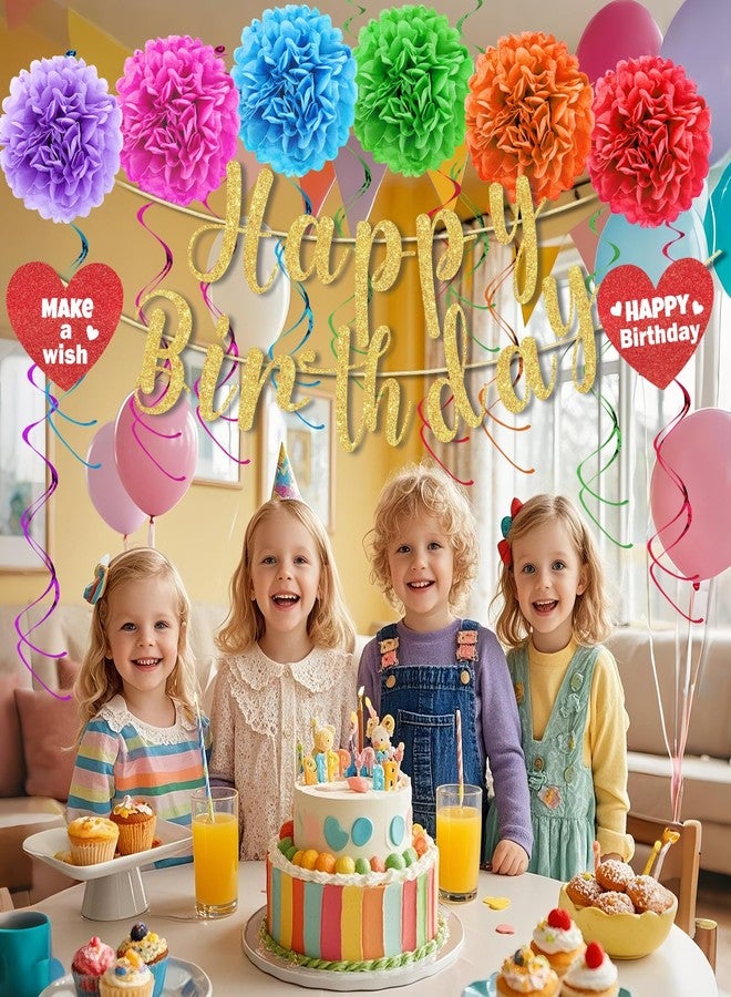 LUUFILx Rainbow Birthday Party Decorations Colorful Happy Birthday Banner with Paper Pom Pom Hanging Swirls Streamers Circle Dots Garland Happy Birthday Party Decorations for Women Men Boys Girls - Image 4