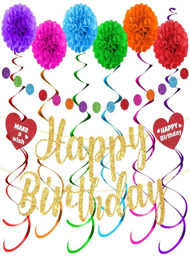 LUUFILx Rainbow Birthday Party Decorations Colorful Happy Birthday Banner with Paper Pom Pom Hanging Swirls Streamers Circle Dots Garland Happy Birthday Party Decorations for Women Men Boys Girls - Image 1