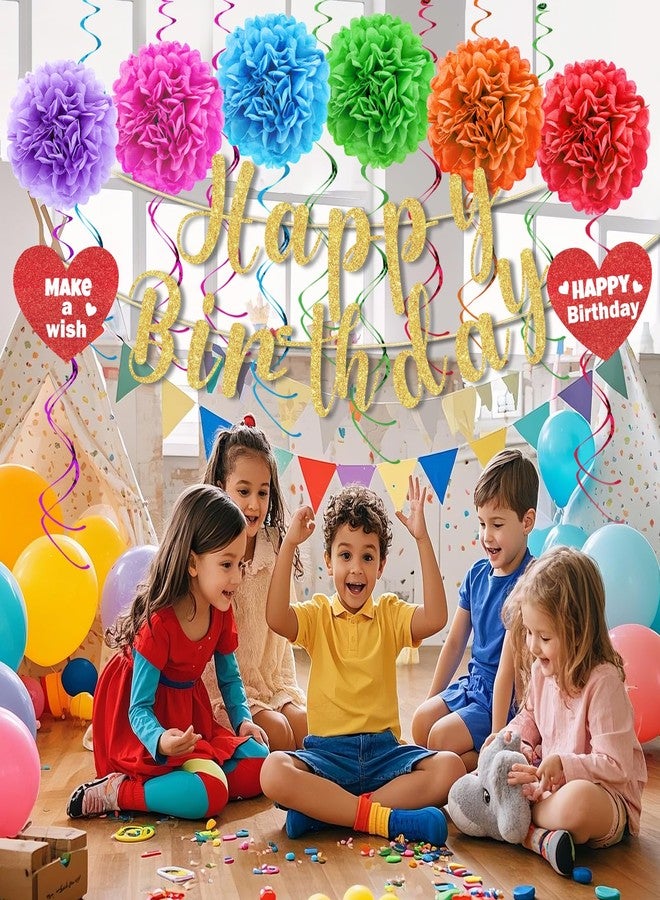 LUUFILx Rainbow Birthday Party Decorations Colorful Happy Birthday Banner with Paper Pom Pom Hanging Swirls Streamers Circle Dots Garland Happy Birthday Party Decorations for Women Men Boys Girls - Image 2
