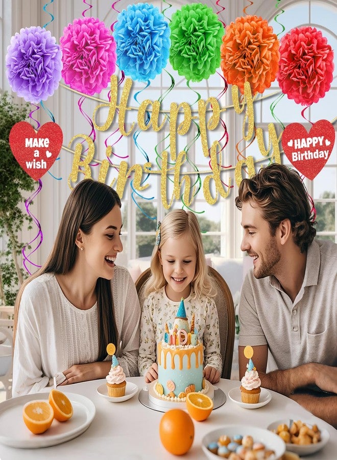 LUUFILx Rainbow Birthday Party Decorations Colorful Happy Birthday Banner with Paper Pom Pom Hanging Swirls Streamers Circle Dots Garland Happy Birthday Party Decorations for Women Men Boys Girls - Image 3