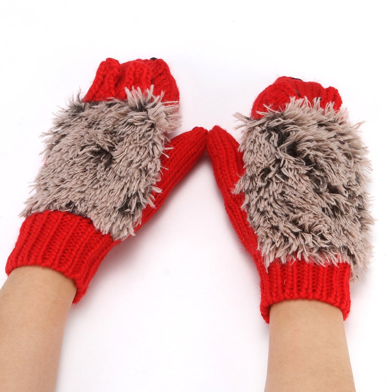 Knitted gloves womens autumn and winter fleece-lined warm bag finger gloves hot selling hedgehog finger cartoon finger glovesHedgehog Red Hedgehog Red 