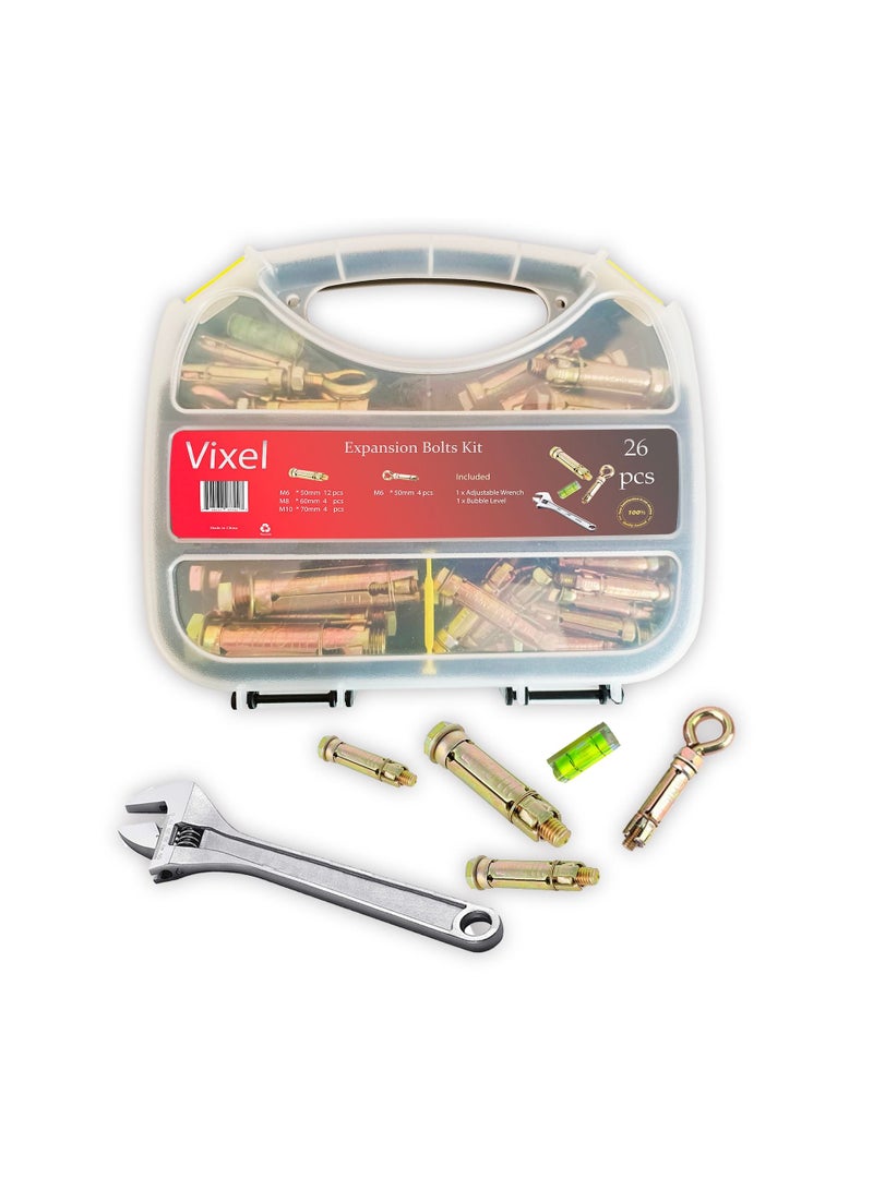 VIXEL Pack of 22 Heavy Duty closed hook Eye bolts Assortment Kit of different sizes with wrench and level meter and Expansion Bolts concrete Wall Anchor rawl bolts