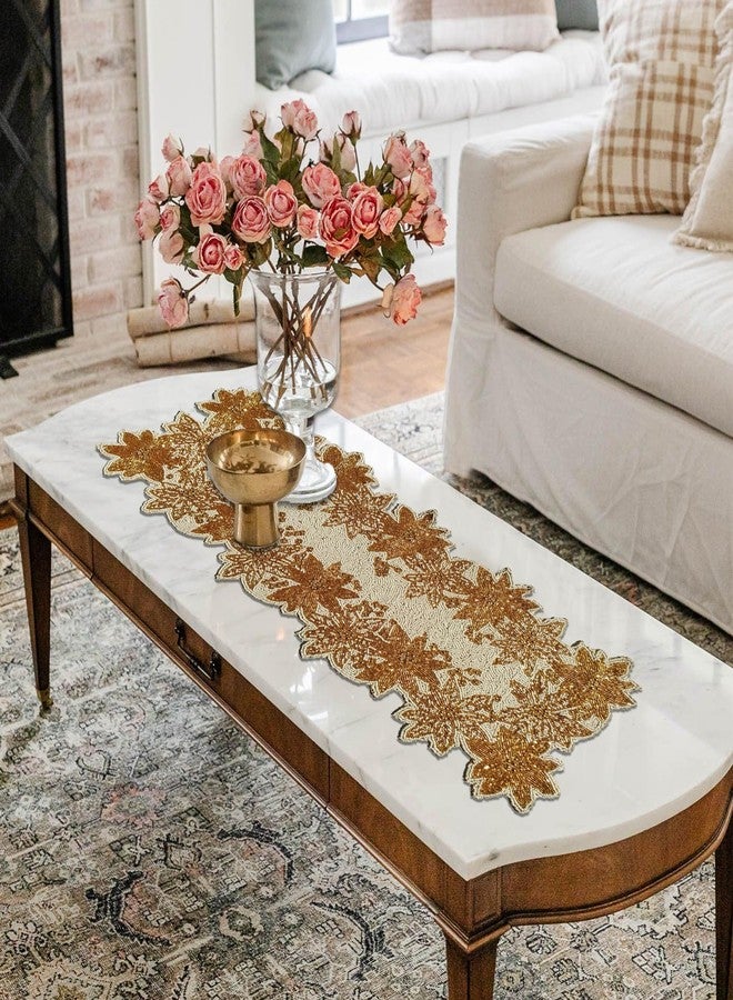 FliHaut Premium Handcrafted Beautiful Beaded Table Runner (12 x 35 x 0.25 inches) (Golden with White Floral Design) - Image 2