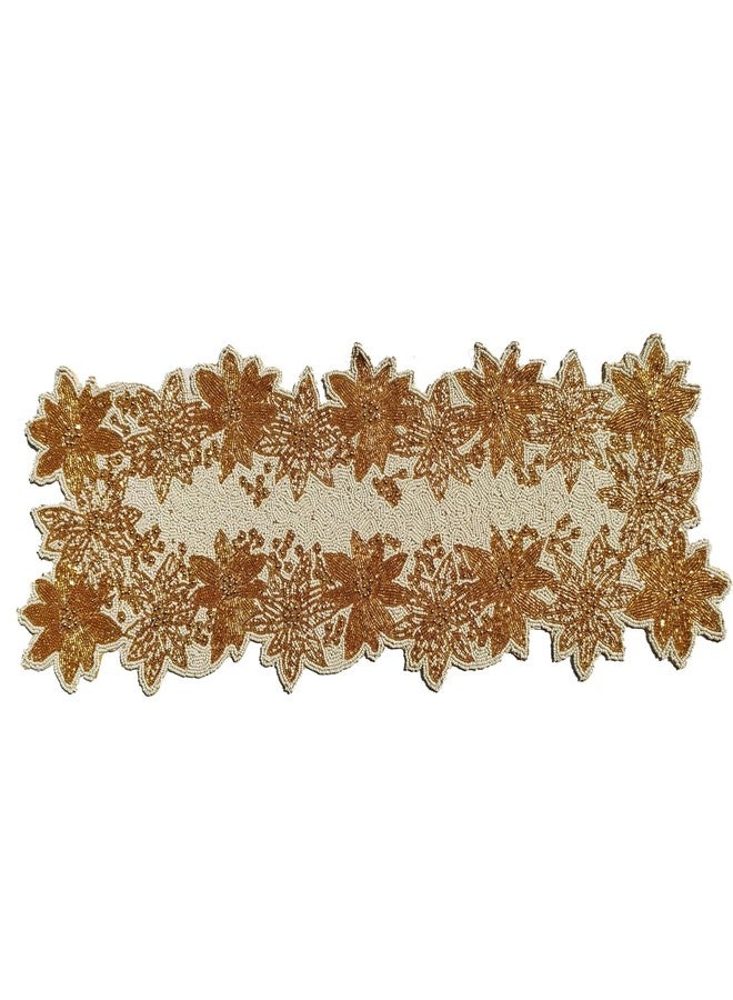 FliHaut Premium Handcrafted Beautiful Beaded Table Runner (12 x 35 x 0.25 inches) (Golden with White Floral Design) - Image 1