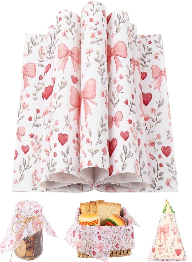 Fabllewavi 150 Sheets Mother's Day Bows Wax Paper Sheets for Food Deli, 9.8 x 8.3 inch Coquette Pink Bows Wildflower Greaseproof Deli Paper for Sandwich Picnic Basket Liner Valentine‘s Day Party Supplies - Image 1