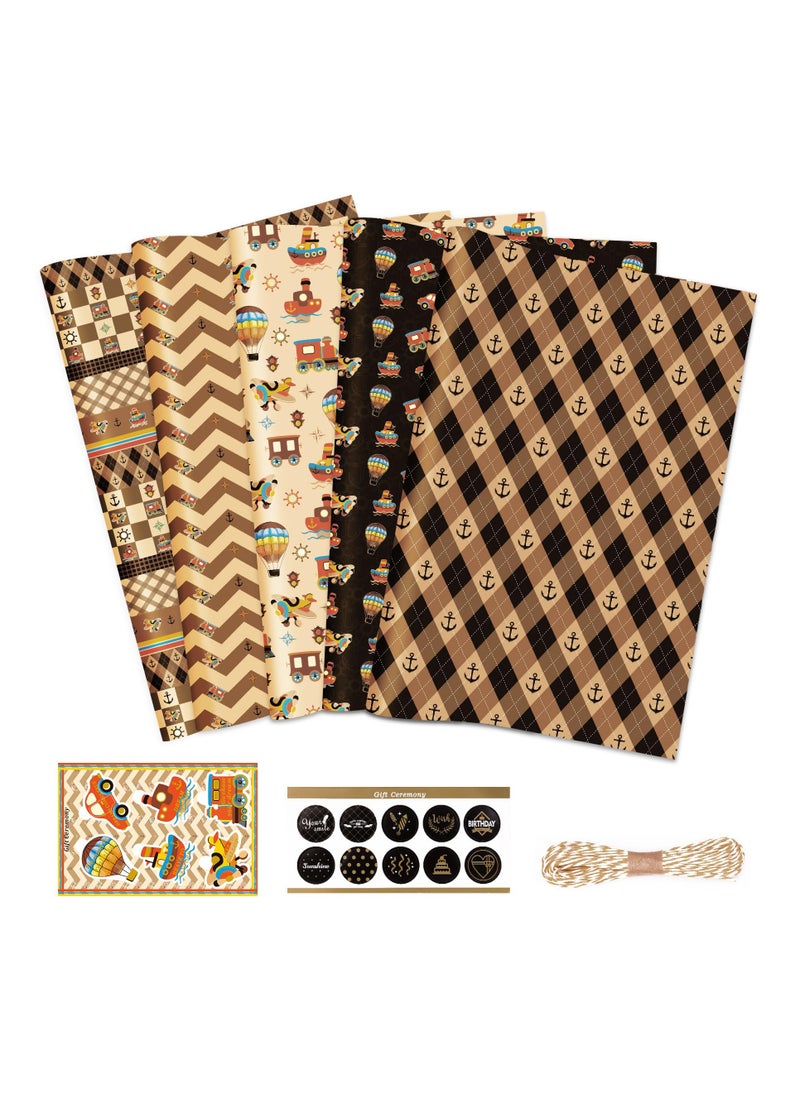 Generic - Nautical Brown Wrapping Paper with Stickers 5 Sheets 70x50cm Suitable for Birthdays Holidays and Baby Showers - Image 1