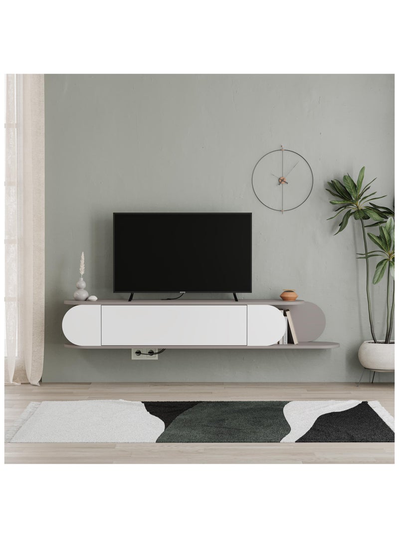 موراه حامل تلفزيون عائم عصري من موراه هوم تون، مناسب لأجهزة التلفزيون حتى 65 بوصة | بابان للتخزين | وحدة تحكم تلفزيون مع مساحتي تخزين | 180×29.6×30 سم - لون موكا فاتح - أبيض - Image 1