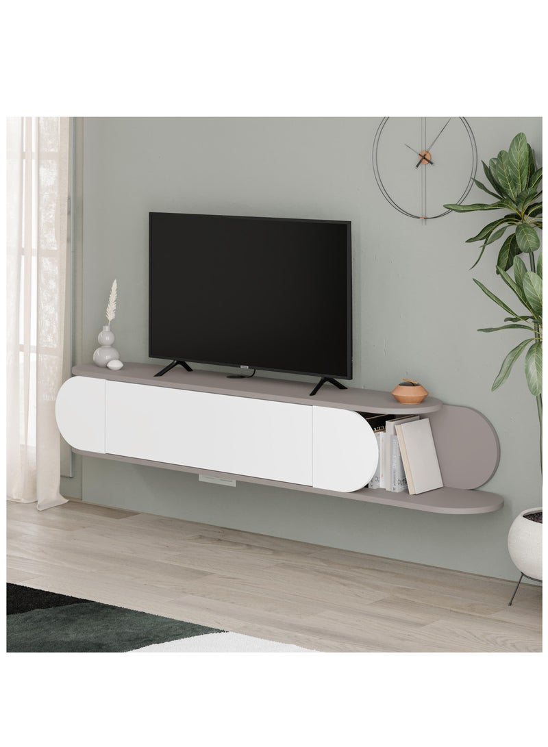 موراه حامل تلفزيون عائم عصري من موراه هوم تون، مناسب لأجهزة التلفزيون حتى 65 بوصة | بابان للتخزين | وحدة تحكم تلفزيون مع مساحتي تخزين | 180×29.6×30 سم - لون موكا فاتح - أبيض - Image 2