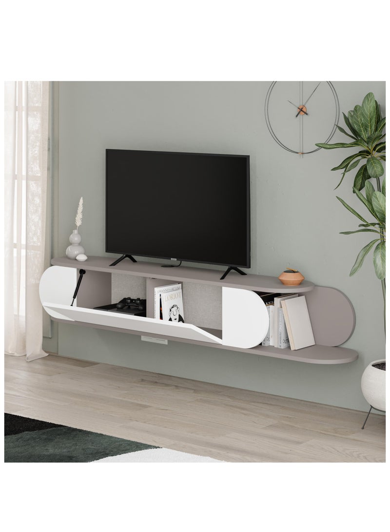موراه حامل تلفزيون عائم عصري من موراه هوم تون، مناسب لأجهزة التلفزيون حتى 65 بوصة | بابان للتخزين | وحدة تحكم تلفزيون مع مساحتي تخزين | 180×29.6×30 سم - لون موكا فاتح - أبيض - Image 3
