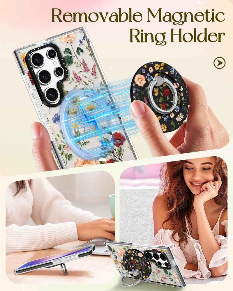 Lotadilo for Samsung Galaxy S24 Ultra Case for Women - Girls Cute Design Compatible with Magsafe Magnetic Ring Holder Stand Retro Flower Phone Covers Aesthetic Girly TPU Funda for S24 Ultra - Image 4