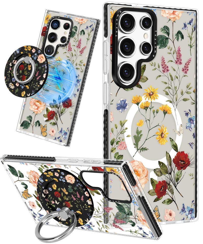 Lotadilo for Samsung Galaxy S24 Ultra Case for Women - Girls Cute Design Compatible with Magsafe Magnetic Ring Holder Stand Retro Flower Phone Covers Aesthetic Girly TPU Funda for S24 Ultra - Image 1