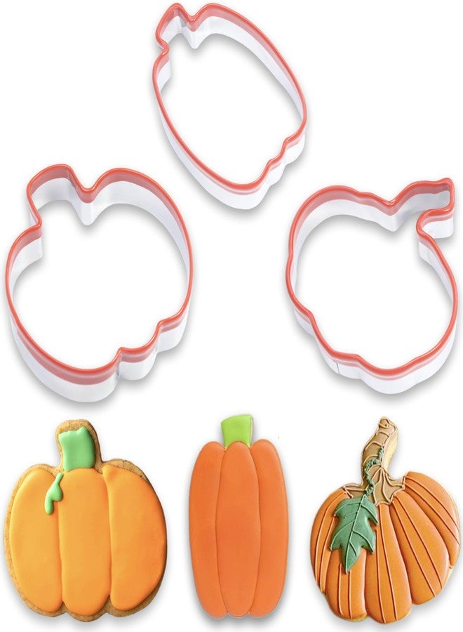 COOKIEQUE 3Pcs Pumpkin Cookie Cutters Set, Includes Classic, Tall & Velvet Pumpkin Shapest, Halloween & Thanksgiving Biscuit Cutters, Coated with Soft Rubber for Protection - Image 1