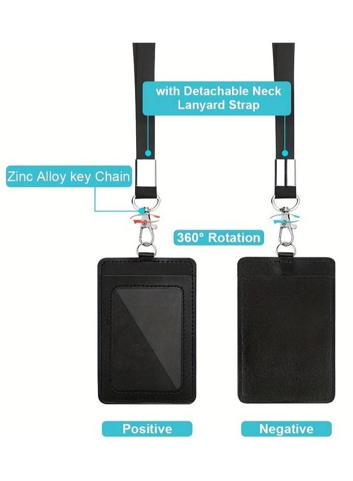 Office Badge Holder, Vertical PU Leather ID Card Holder with 1 Clear Window, Detachable Neck Lanyard Strap, Retractable Reel Holders Set and Pen Case - Image 3