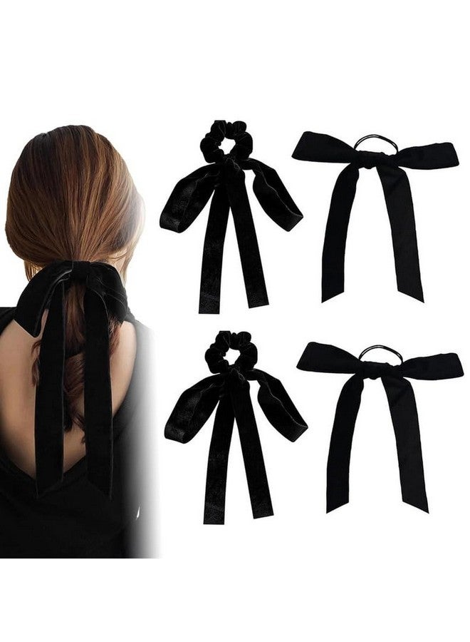 Shidara 4Pcs Luxury Velvet Bow Hair Ties, Long Elastic Ribbon Elegant Hair Rope Styling Accessories, Twisted Criss Cross Knotted Hairband With Long Tail - Image 1