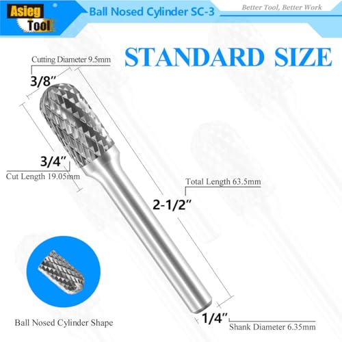 Asieg Tool SC-3 Tungsten Carbide Burr Rotary File Cylindrical Ball Nose End Shape Double Cut for Die Grinder Drill Bits 1/4'' Inch Diameter of Shank and 3/8'' Inch Diameter of Cutter 3/4'' Inch Cutter Length - Image 2