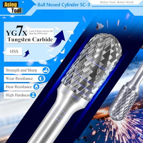 Asieg Tool SC-3 Tungsten Carbide Burr Rotary File Cylindrical Ball Nose End Shape Double Cut for Die Grinder Drill Bits 1/4'' Inch Diameter of Shank and 3/8'' Inch Diameter of Cutter 3/4'' Inch Cutter Length - Image 3