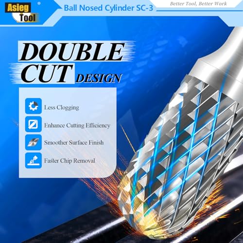 Asieg Tool SC-3 Tungsten Carbide Burr Rotary File Cylindrical Ball Nose End Shape Double Cut for Die Grinder Drill Bits 1/4'' Inch Diameter of Shank and 3/8'' Inch Diameter of Cutter 3/4'' Inch Cutter Length - Image 4