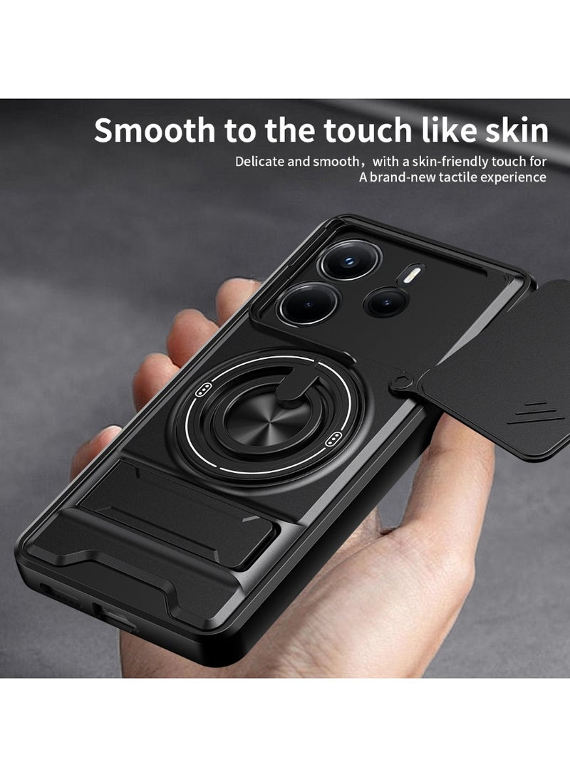 جراب حمايه مقاوم للصدمات مزود بستاند وحلقه دائريه وحمايه للكاميرا متوافق مع  Redmi Note 14 4G (اسود) - Image 3