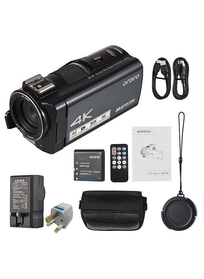 ORDRO - HDR-AX10 4K Digital Video Camera WiFi Camcorder DV Recorder 3.5 Inch IPS Touch Panel 30MP 30X Digital Zoom Face Detection IR Night Vision Anti-shake with Remote Control Carry Bag - Image 1