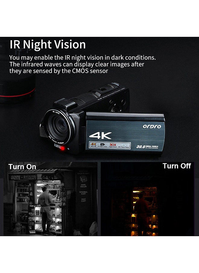 ORDRO - HDR-AX10 4K Digital Video Camera WiFi Camcorder DV Recorder 3.5 Inch IPS Touch Panel 30MP 30X Digital Zoom Face Detection IR Night Vision Anti-shake with Remote Control Carry Bag - Image 1