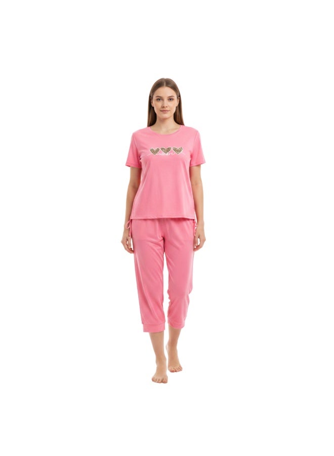 JOANNA 2-Piece Pajama Set Short Sleeve Heart Print Top and Capri Pants Soft Sleepwear - Image 1