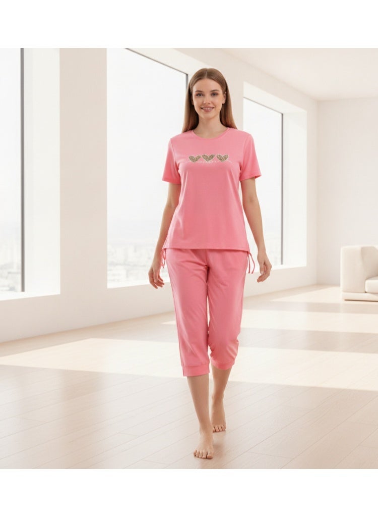 JOANNA 2-Piece Pajama Set Short Sleeve Heart Print Top and Capri Pants Soft Sleepwear - Image 5
