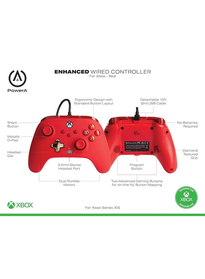 باور أيه وحدة تحكم سلكية معززة من PowerA لجهاز Xbox Series X|S - أحمر - Image 2