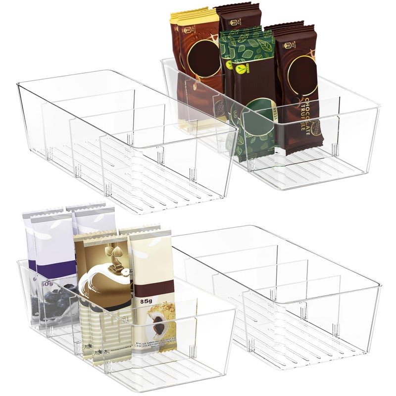 BALEINE Pantry Organizers and Storage Bins, Plastic Clear Storage Bins with 3 Removable Dividers, BPA-Free Fridge Organizer Clear Bins for Fridge Kitchen Cabinet Bathroom (10.5x6.1x3.5, 4PK) - Image 1