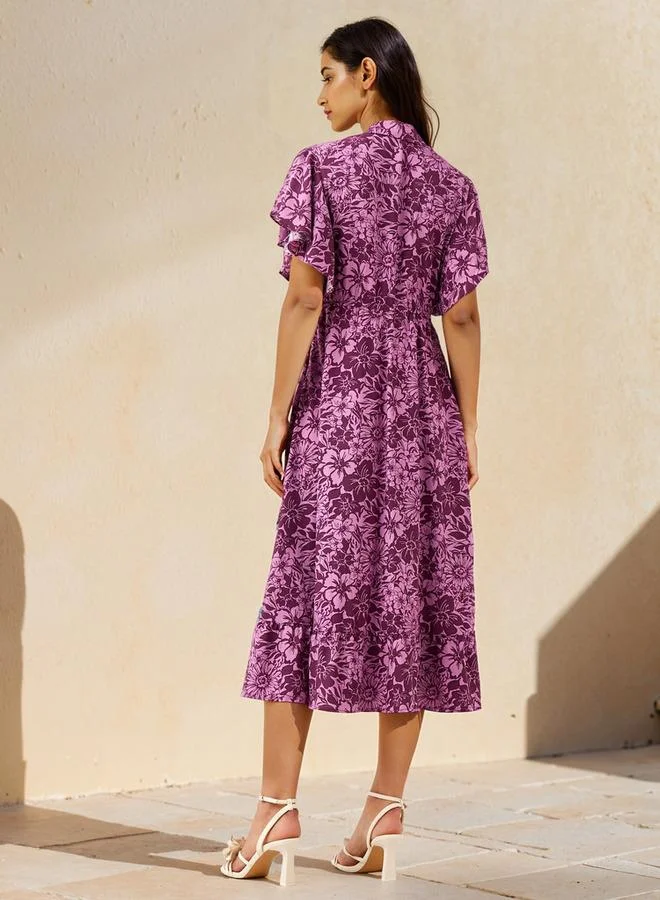 Splash FAV  Floral Print Midi Shirt Rayon Dress with Flutter Sleeves for Women | Best Price UAE