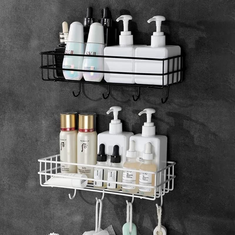 LEMBOSE Copper Shower Caddy Shelf 2-Pack Black Adhesive Wall Mount Storage Rack with 4 Hooks, No-Drill Rustproof Organizer for Bathroom, Kitchen, Shampoo, Toiletries, Self-Adhesive Corner Shelves - Image 2