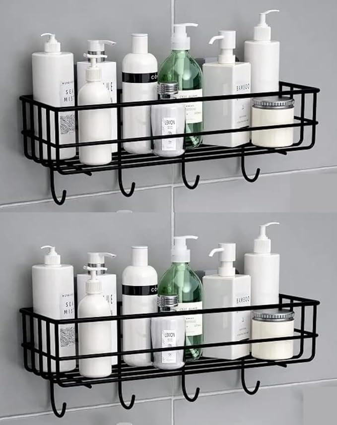 LEMBOSE Copper Shower Caddy Shelf 2-Pack Black Adhesive Wall Mount Storage Rack with 4 Hooks, No-Drill Rustproof Organizer for Bathroom, Kitchen, Shampoo, Toiletries, Self-Adhesive Corner Shelves - Image 1