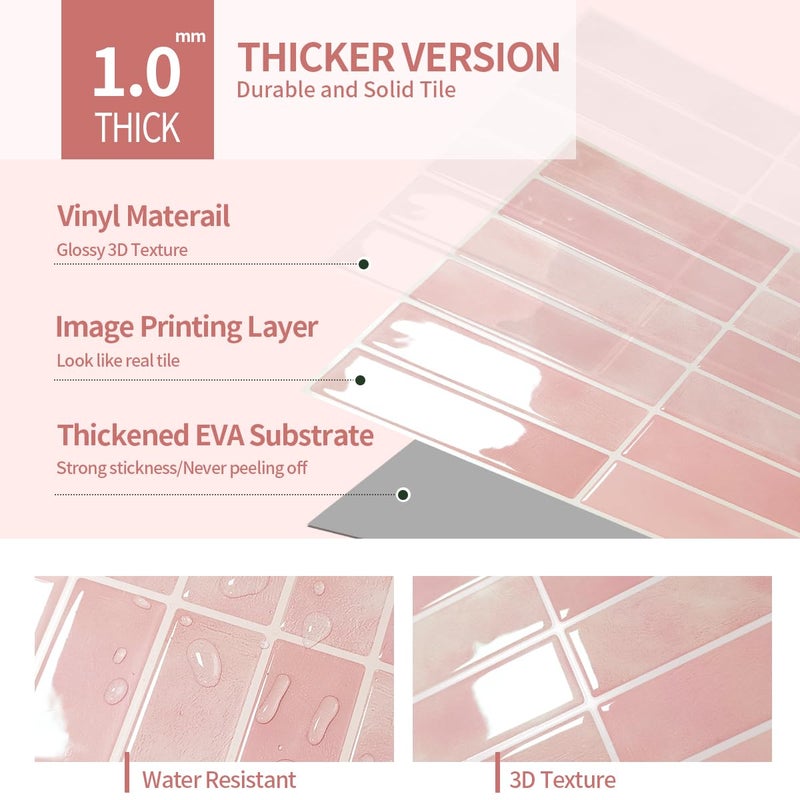 DAGOU Peel and Stick Backsplash 3D Wall Tiles,Self-Adhesive,Oil Proof,Waterproof, Removable Wall Panels for Kitchen & Bathroom,Modern Design, Easy Install (10.7ftï¼Œ12x9 inch,14 Pack) (Pink) - Image 3