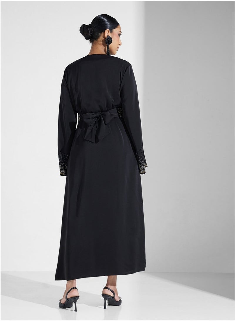 Cross-Border Fashion Muslim Cardigan Hot Rhinestone Lace-Up Abaya With Pockets - Image 4