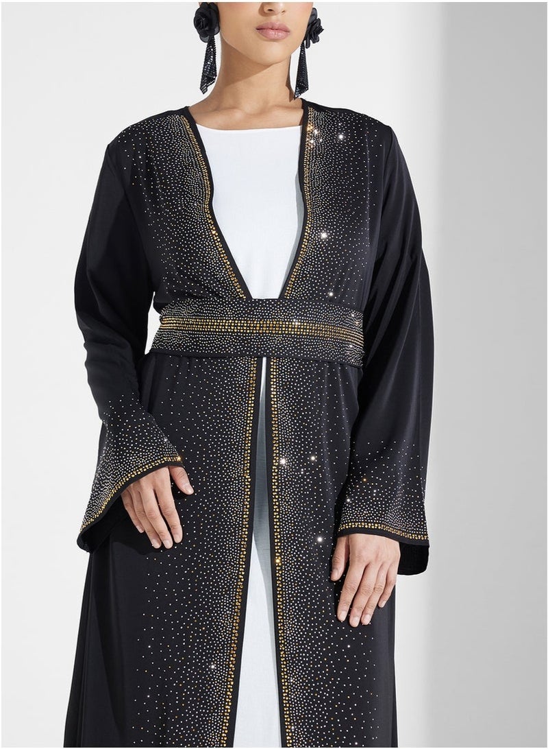 Cross-Border Fashion Muslim Cardigan Hot Rhinestone Lace-Up Abaya With Pockets - Image 5