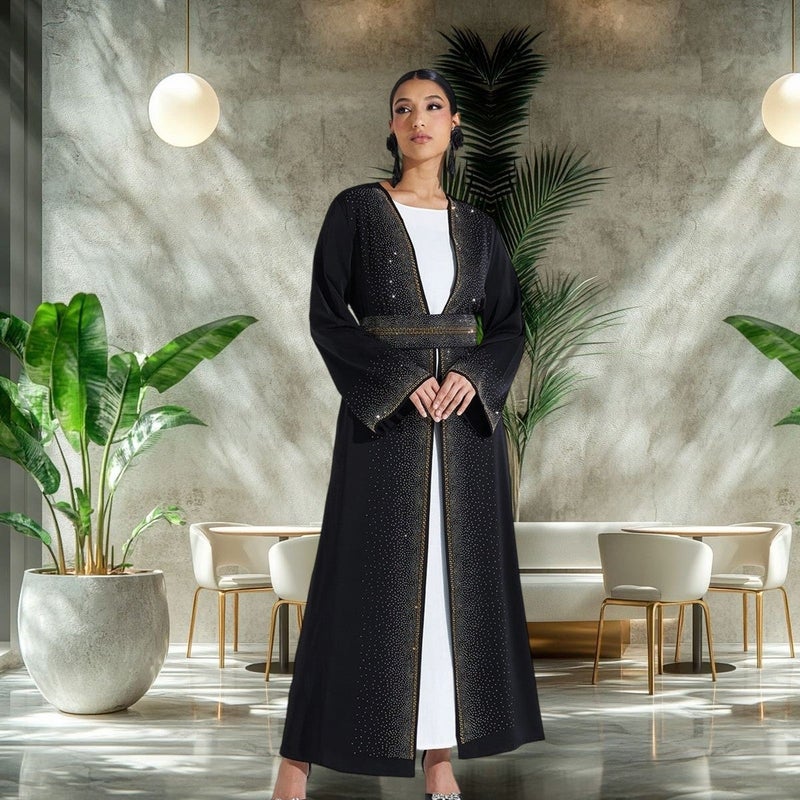 Cross-Border Fashion Muslim Cardigan Hot Rhinestone Lace-Up Abaya With Pockets - Image 1