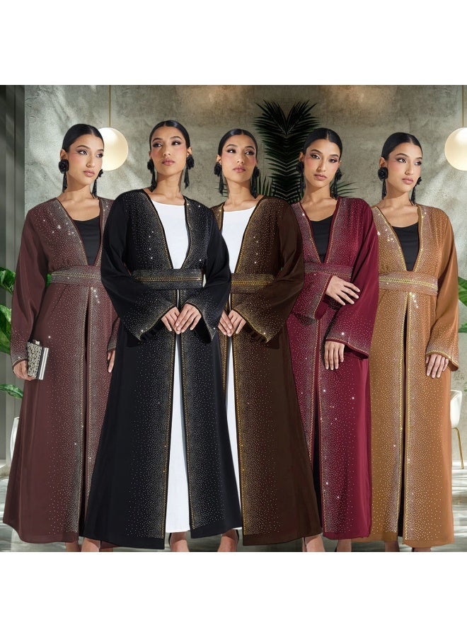 Cross-Border Fashion Muslim Cardigan Hot Rhinestone Lace-Up Abaya With Pockets - Image 2