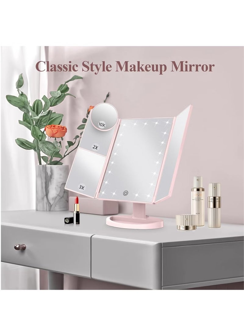 Arabest Makeup Mirror Vanity Mirror with Lights, Lighted Makeup Mirror with 2X 3X 10X Magnification, LED Trifold Compact Mirror, Touch Dimming Light Up Mirror, Dual Power Supply, Gifts for Women (Pink)  - Image 1