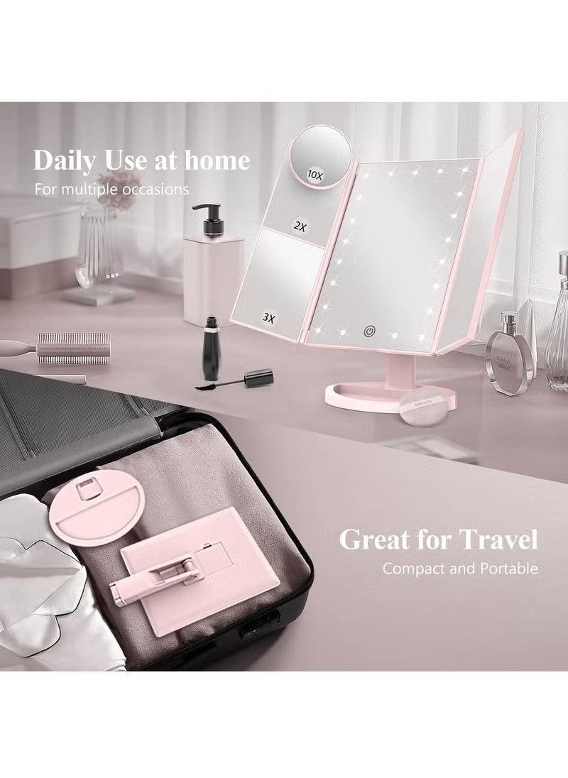 Arabest Makeup Mirror Vanity Mirror with Lights, Lighted Makeup Mirror with 2X 3X 10X Magnification, LED Trifold Compact Mirror, Touch Dimming Light Up Mirror, Dual Power Supply, Gifts for Women (Pink)  - Image 5