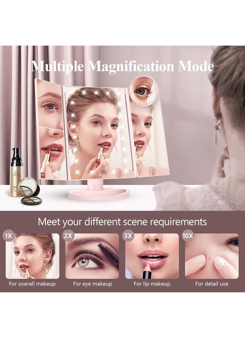 Arabest Makeup Mirror Vanity Mirror with Lights, Lighted Makeup Mirror with 2X 3X 10X Magnification, LED Trifold Compact Mirror, Touch Dimming Light Up Mirror, Dual Power Supply, Gifts for Women (Pink)  - Image 3