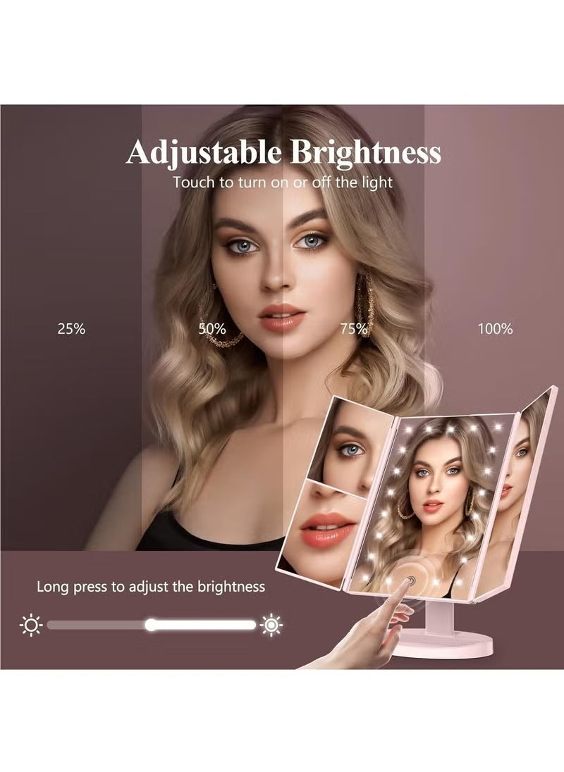 Arabest Makeup Mirror Vanity Mirror with Lights, Lighted Makeup Mirror with 2X 3X 10X Magnification, LED Trifold Compact Mirror, Touch Dimming Light Up Mirror, Dual Power Supply, Gifts for Women (Pink)  - Image 4