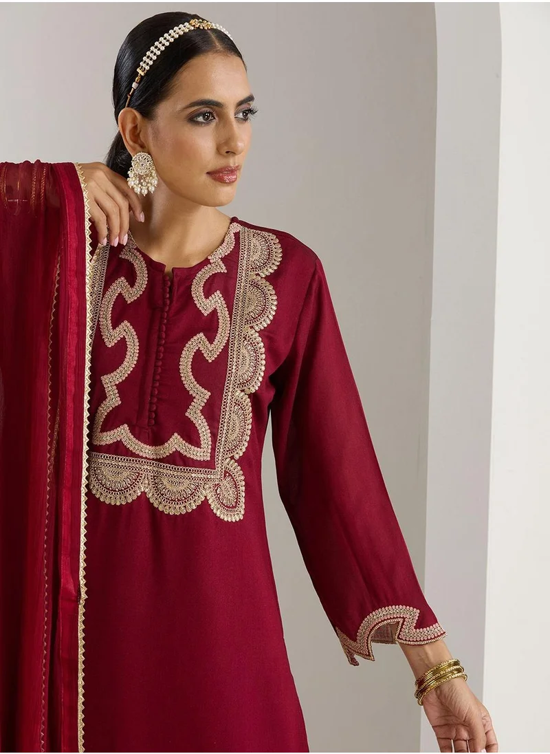 آي شين Women's Maroon Polyester Blend Printed Tunic Full Length Palazzo Straight Fit Kurta Set