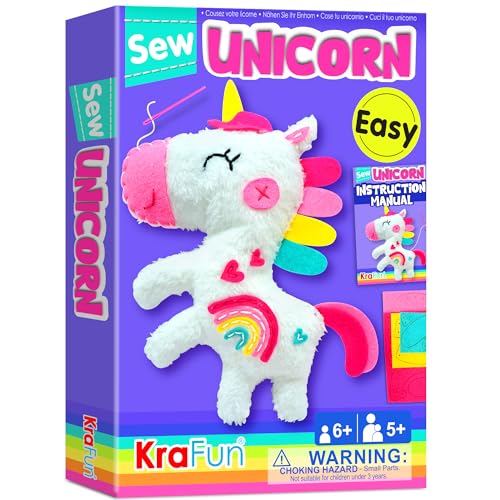 KRAFUN Beginner Sewing Kit for Kids My First Unicorn Stuffed Animal Craft PrePunched Thick Felt ChildSafe Plastic Needles NoMess DIY Educational Activity Gift for Girls Boys Ages 610 - Image 1